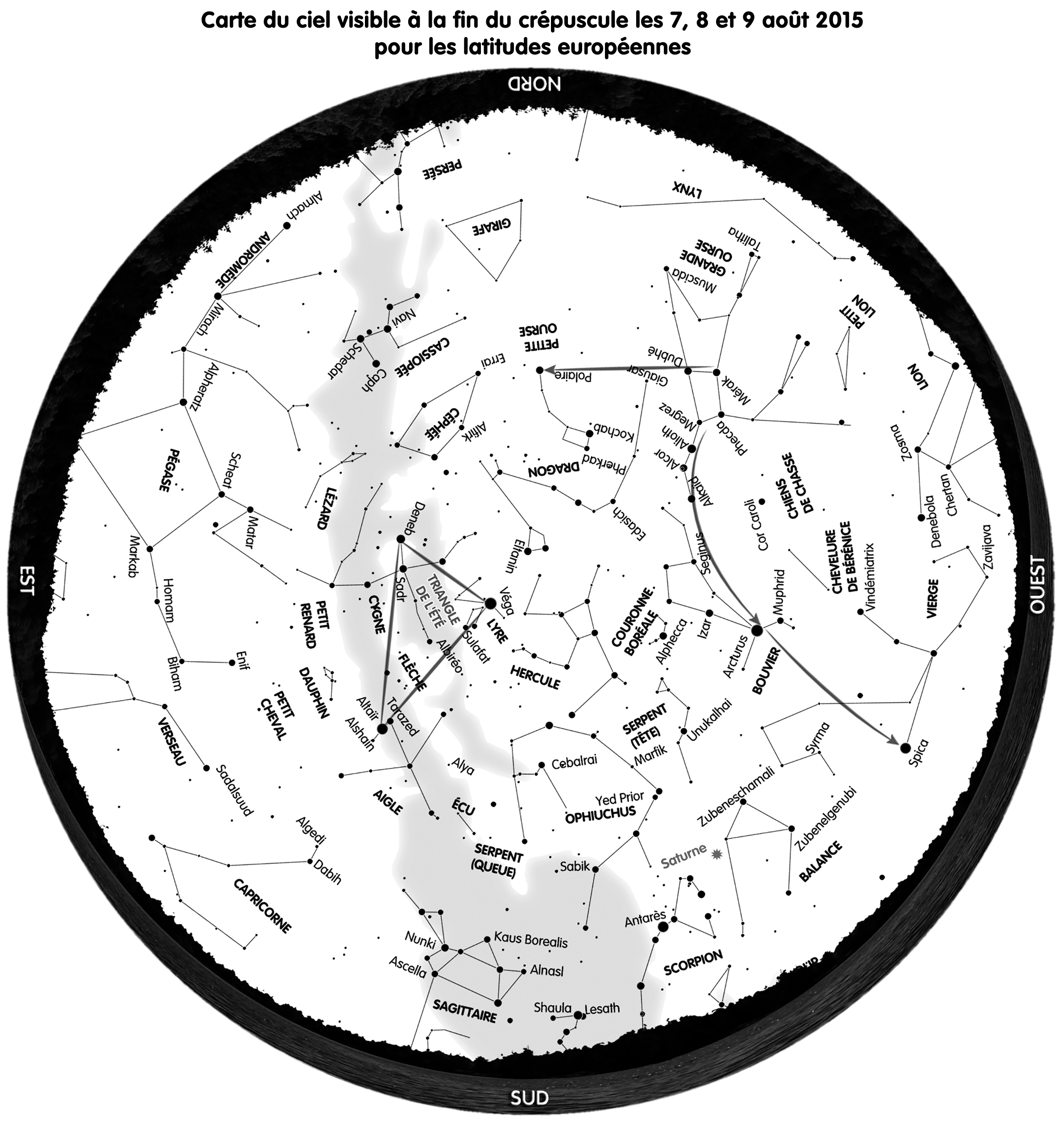 Carte du ciel visible à la fin du crépuscule les 7, 8 et 9 août 2015 pour les latitudes européennes Carte du ciel visible à la fin du crépuscule les 7, 8 et 9 août 2015 pour les latitudes européennes