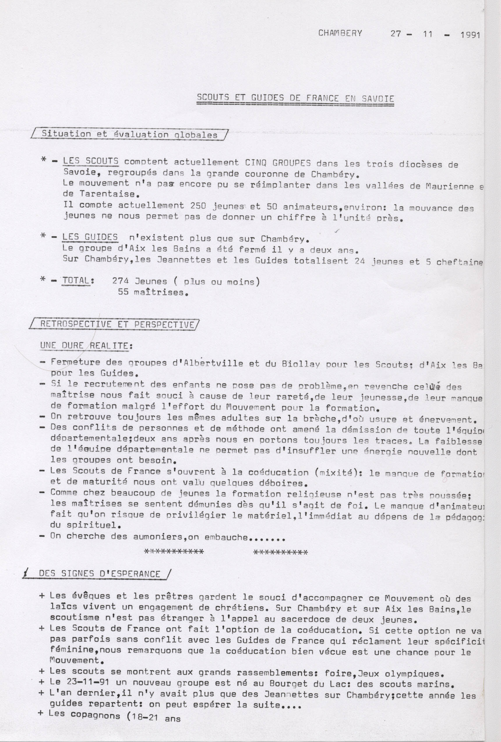 L’état des Scouts et Guides de France de Savoie à la rentrée 1991-1992
